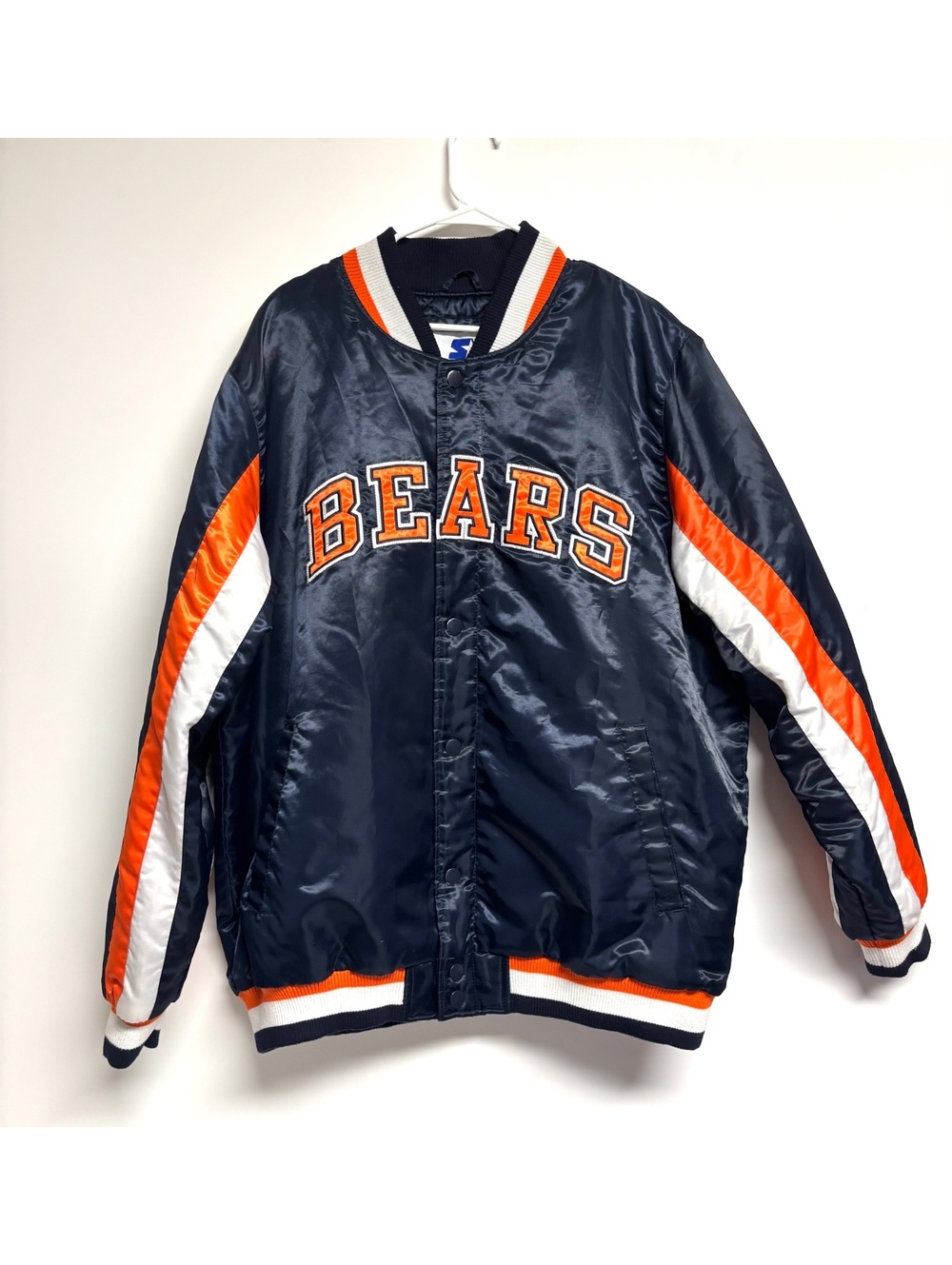 Vintage Starter Chicago Bears Satin Snap Bomber Jacket Navy Orange XXL NFL
